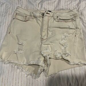 Simple Society Distressed Cream Denim Shorts